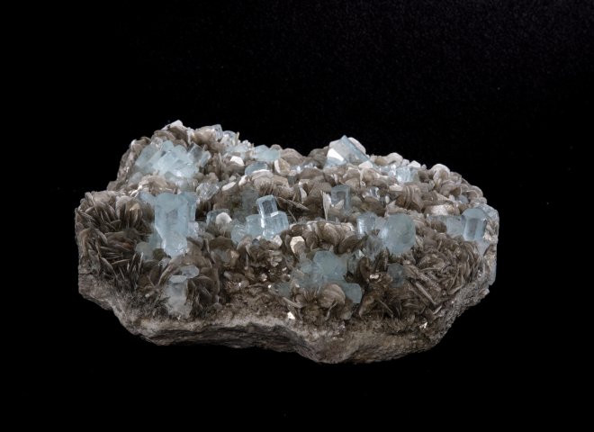 Aquamarine cluster on muscovite - St1galleryv0426 9650 - V0426